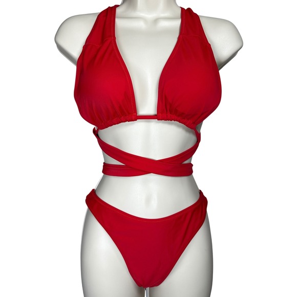 Fashion Nova Red Bikini Set Wrap Halter Two Piece Swimsuit Bathing Suit Womens M - Picture 1 of 11